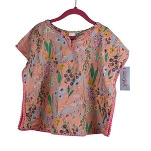 Cat & Jack Toddler Girls' Floral‎ Top Cover Up Pink 12-18M Boxy Pom Trim Top